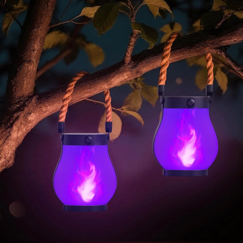Hompavo Gen2 Solar Lanterns Outdoor Waterproof with Realistic Flickering Flame, Dual Charging (USB/Solar) & 2 Modes - Decorative Hanging/Table Lights for Patio Garden Porch Halloween Decor, 2/Purple - Image 1